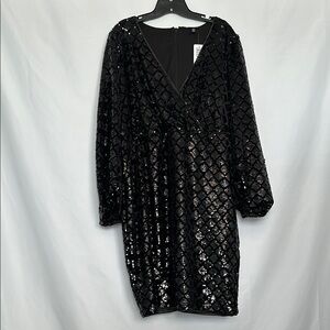 Torrid Black Sequin Mini Dress Long Sleeve‎ V-Neck Sheath